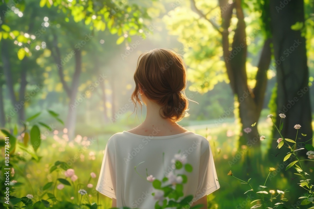 Woman standing in a sunlit forest, surrounded by green foliage and wildflowers, embracing nature's tranquility and beauty. Woman standing in a sunlit forest, surrounded by green foliage and wildflowers, embracing nature's tranquility and beauty.