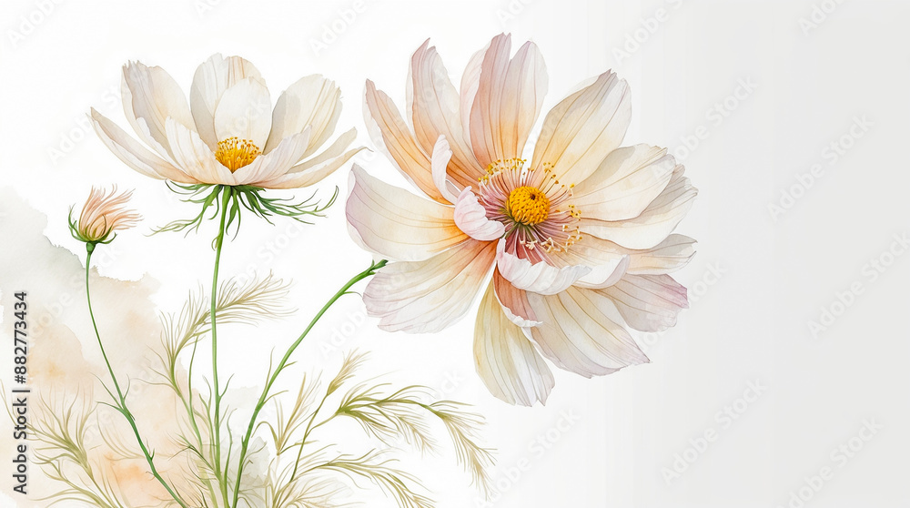Fototapeta premium Watercolor image, cosmos flowers on a white background.