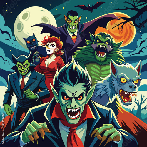 Classic Halloween monsters like vampires with fangs and capes, and werewolves howling at the moon.