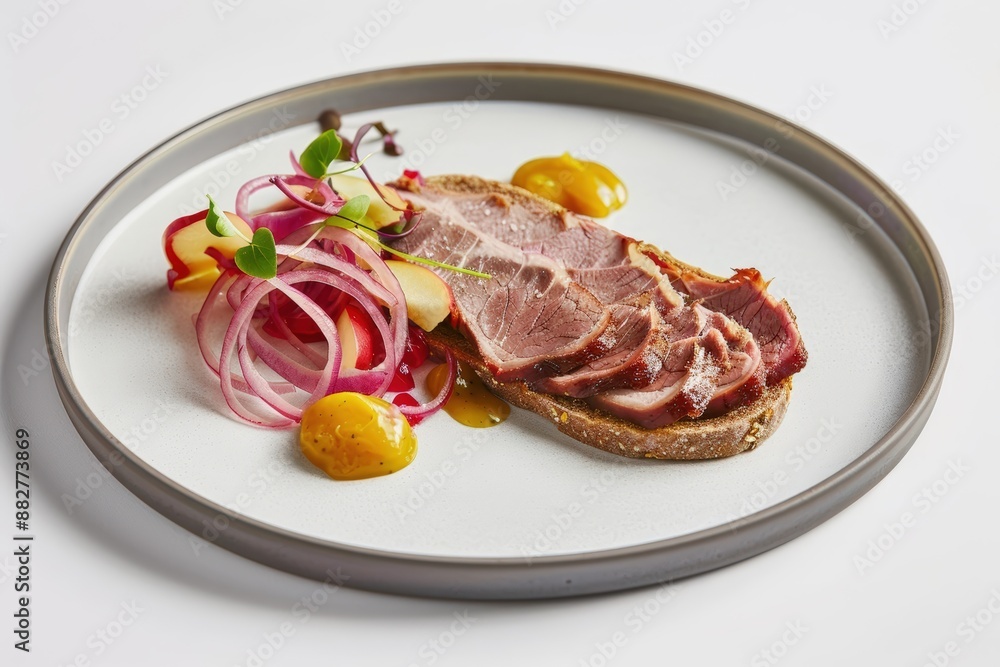Elegant Duck Pastrami on Rye Toast with Pickled Red Onion and Mustard Elegant Duck Pastrami on Rye Toast with Pickled Red Onion and Mustard