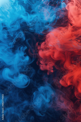 Vibrant red and blue smoke swirling and blending in an abstract, mysterious background, creating a dreamy and ethereal visual effect.