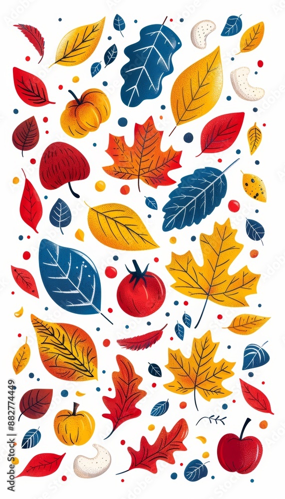 Colorful autumn leaves and fruits scattered on a white background. Perfect for seasonal designs and prints. Colorful autumn leaves and fruits scattered on a white background. Perfect for seasonal designs and prints.