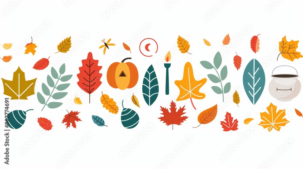 Colorful autumn leaves, a pumpkin, a candle, and a cup of coffee. Perfect for fall-themed designs. Colorful autumn leaves, a pumpkin, a candle, and a cup of coffee. Perfect for fall-themed designs.