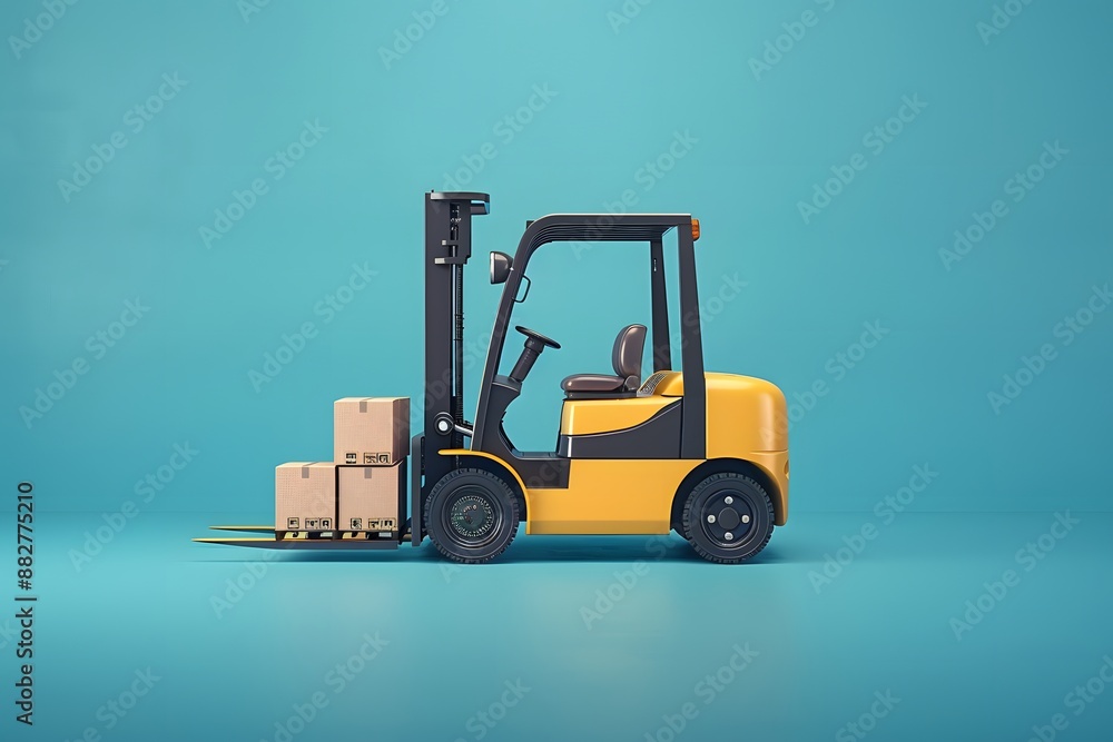 Naklejka premium Yellow Forklift Transporting Boxes Against a Blue Background