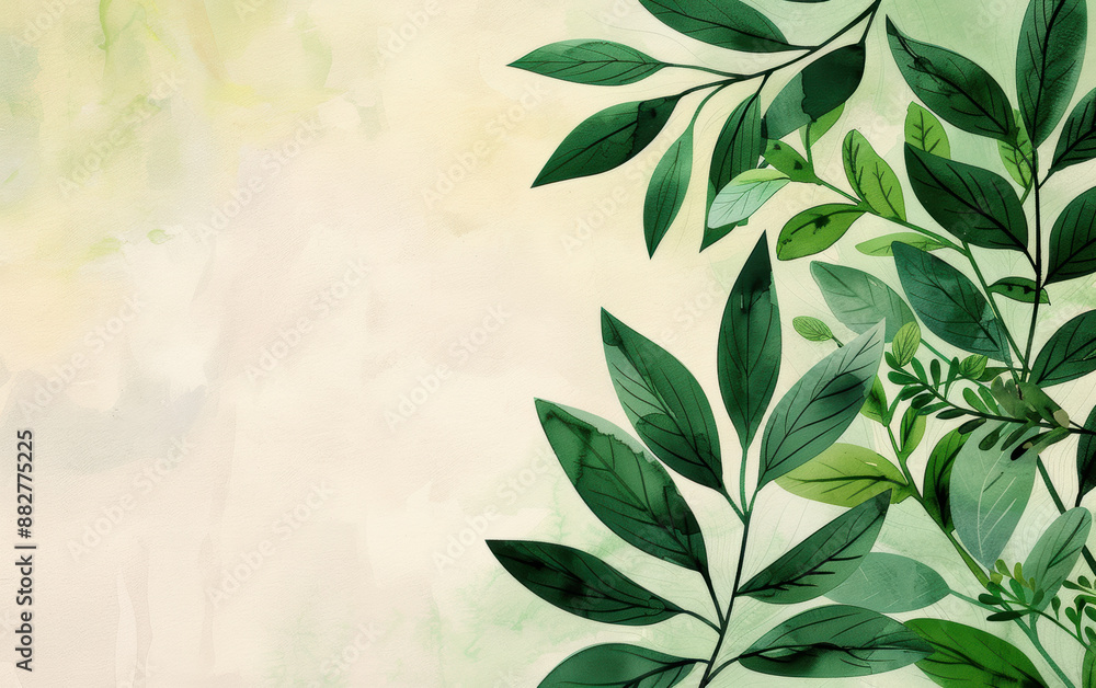 Fototapeta premium Watercolor painting of lush green leaves on a light background, evoking a sense of tranquility and nature.