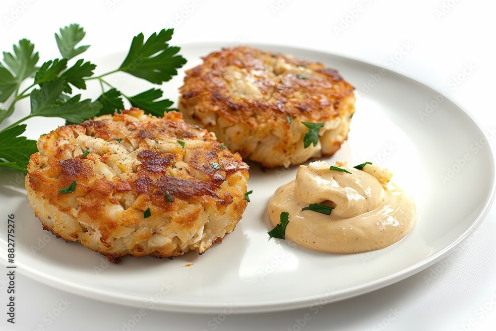 Mustard Creme Fraiche and Fresh Parsley Garnish on Succulent Crab Cakes Mustard Creme Fraiche and Fresh Parsley Garnish on Succulent Crab Cakes