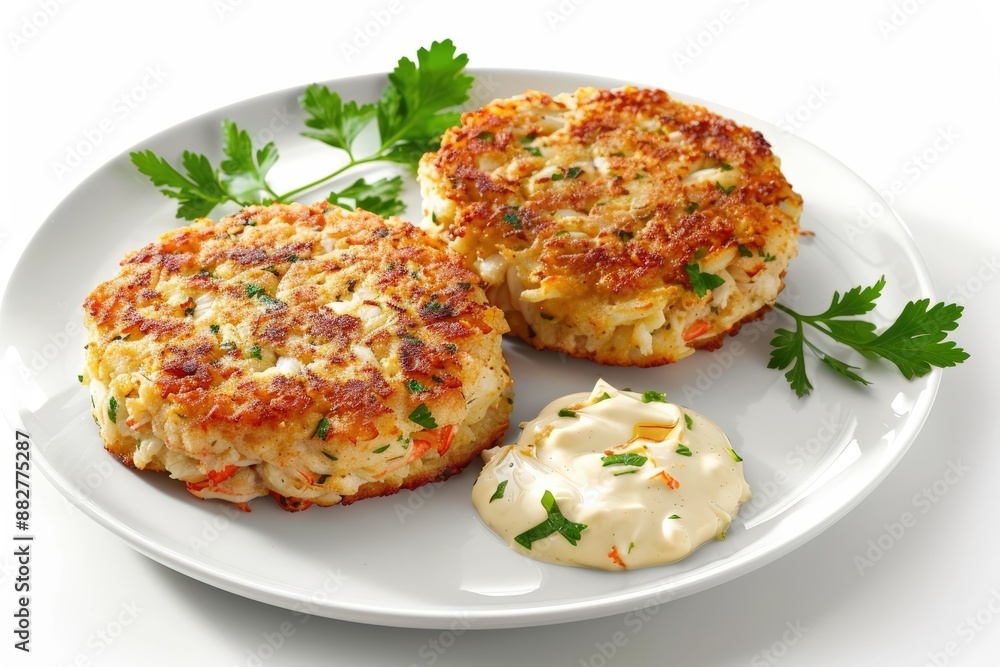 Mustard Creme Fraiche and Fresh Parsley Garnish on Succulent Crab Cakes Mustard Creme Fraiche and Fresh Parsley Garnish on Succulent Crab Cakes
