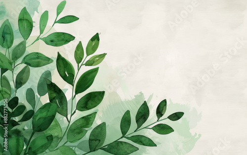 Watercolor green leaves on a light background, ideal for nature-themed designs, invitations, and creative projects. © tonstock