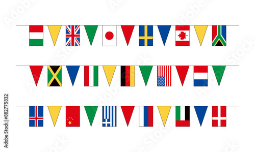 世界各国の国旗と、三角のペナントが交互に連なった国際旗バナーのイラストセット。輪郭線ありの万国旗。