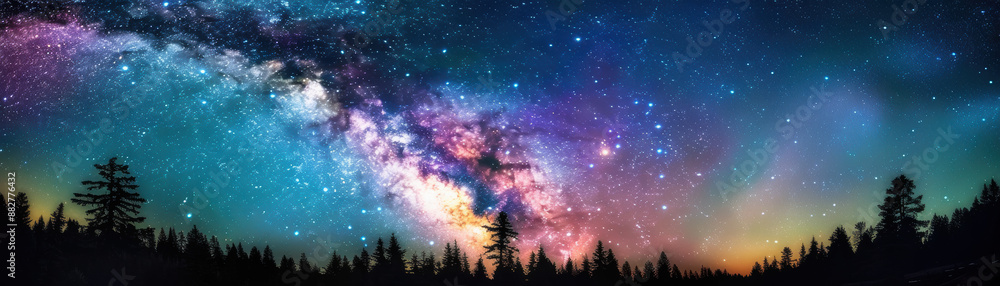 Naklejka premium A breathtaking panorama of the Milky Way galaxy stretching across the night sky, with silhouetted pine trees below in a serene forest landscape.