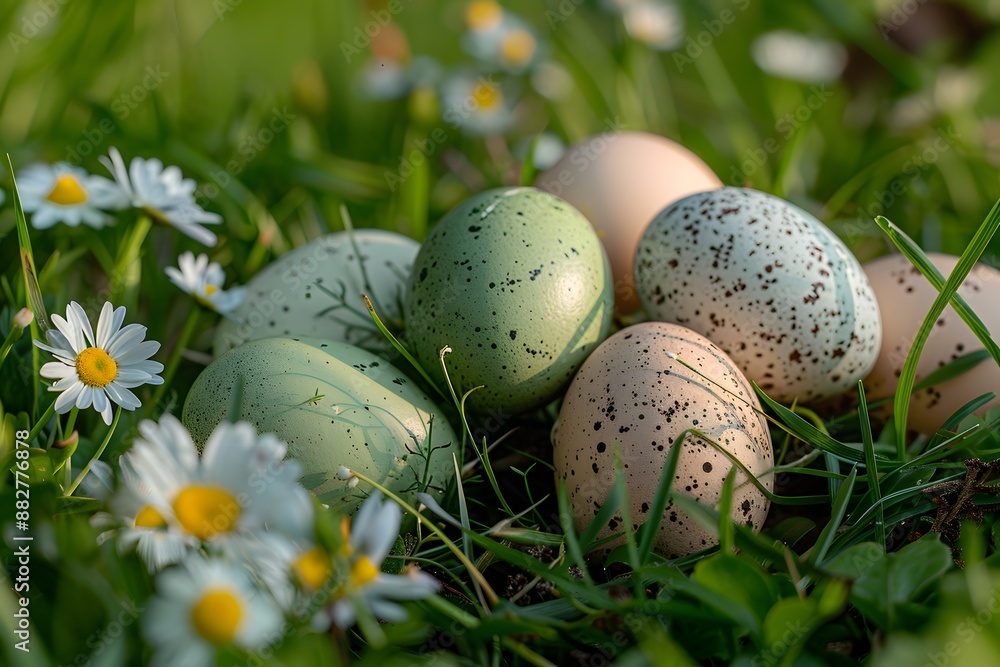Speckled Easter Eggs Nestled in Spring Grass with Daisies Speckled Easter Eggs Nestled in Spring Grass with Daisies