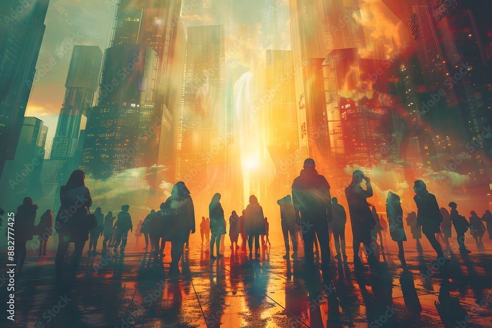 Silhouetted Figures in a Futuristic Cityscape at Sunset Silhouetted Figures in a Futuristic Cityscape at Sunset