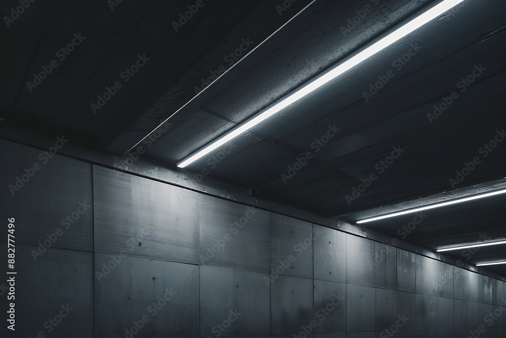 modern minimalist LED light on the ceiling of an industrial building, with straight lines and warm white lighting, casting soft shadows on dark concrete walls, creating a moody atmosphere, Photography modern minimalist LED light on the ceiling of an industrial building, with straight lines and warm white lighting, casting soft shadows on dark concrete walls, creating a moody atmosphere, Photography