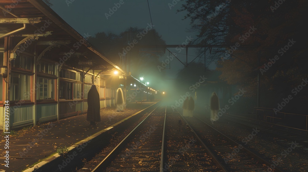 Naklejka premium A haunted train station with ghostly figures waiting for a train