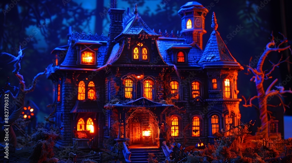 A creepy haunted house with glowing windows and eerie decorations A creepy haunted house with glowing windows and eerie decorations
