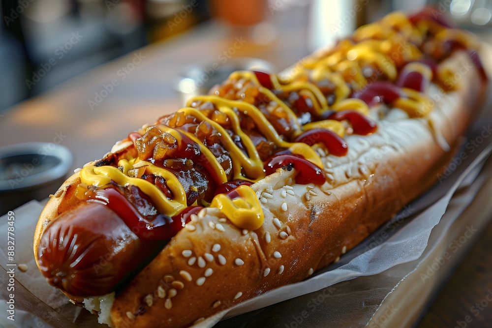 Delicious Gourmet Hot Dog with Caramelized Onions, Mustard, and Ketchup Delicious Gourmet Hot Dog with Caramelized Onions, Mustard, and Ketchup