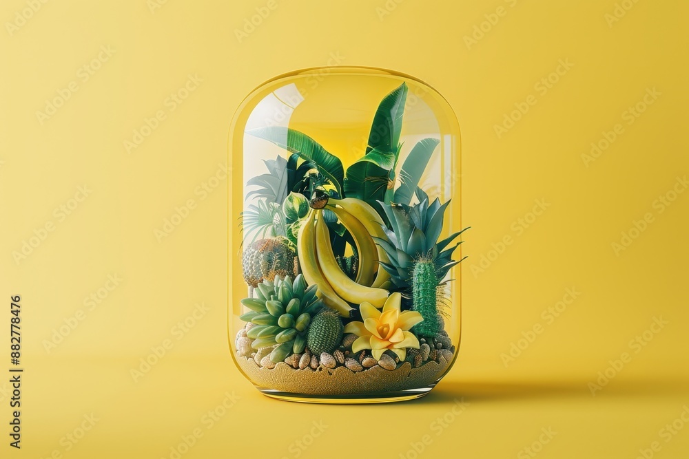 Obraz premium A glass vase filled with a variety of plants and fruits, including bananas
