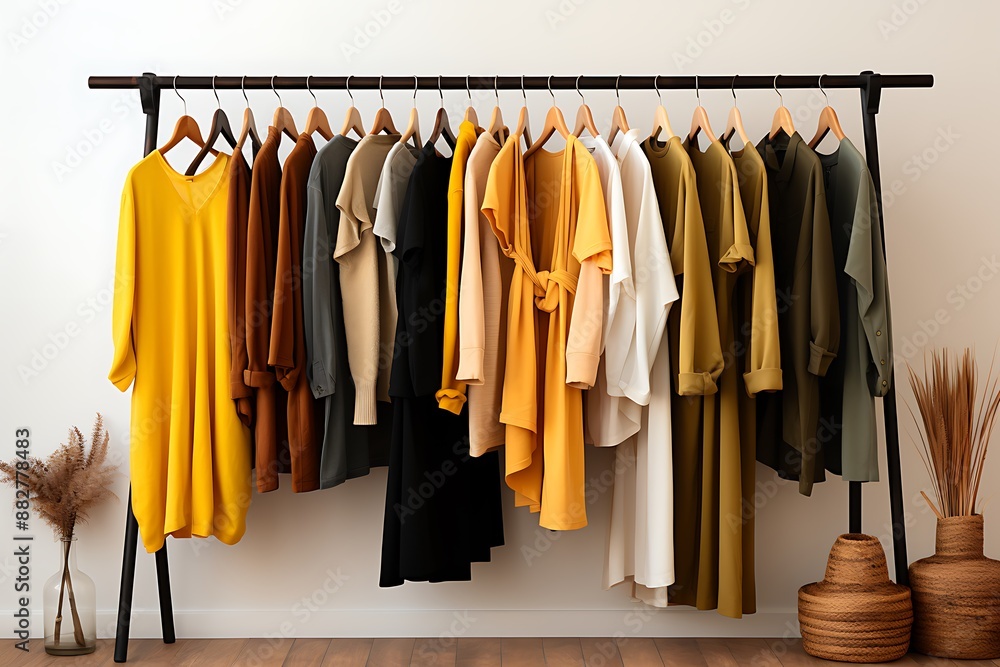 Clothes on hangers in modern interior. 3d render illustration Clothes on hangers in modern interior. 3d render illustration
