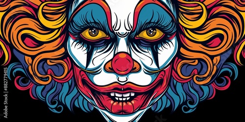 Colorful clown portrait with intense makeup and curly hair artistic illustration concept