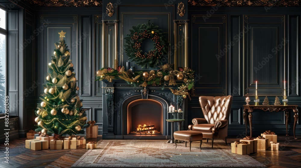 Holiday able with christmas tree and fireplace. with copy space Holiday able with christmas tree and fireplace. with copy space