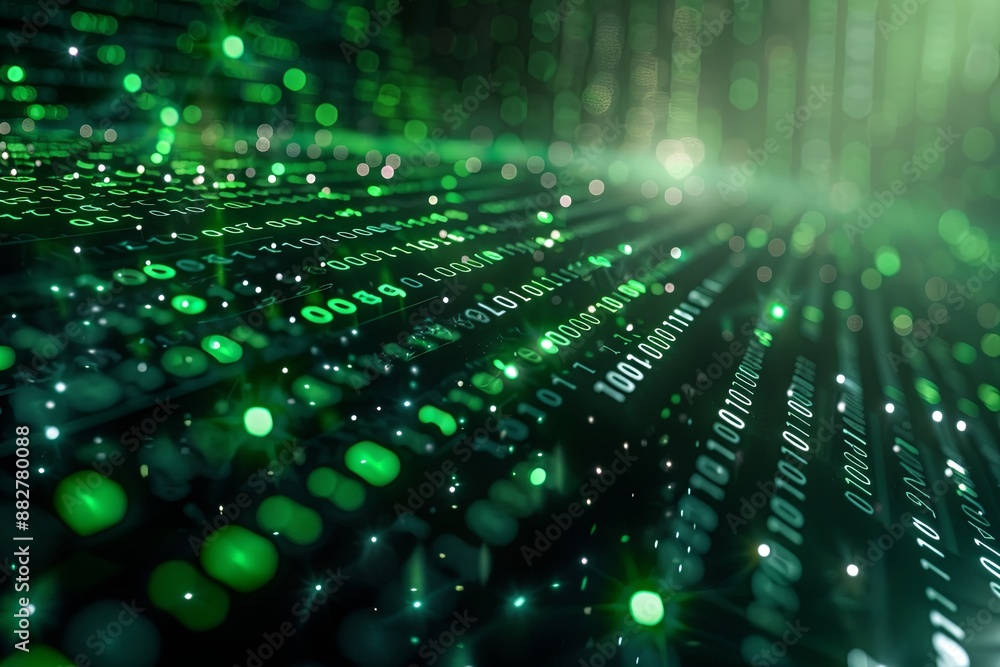 Green dark binary code data streaming background created with Generative AI Green dark binary code data streaming background created with Generative AI