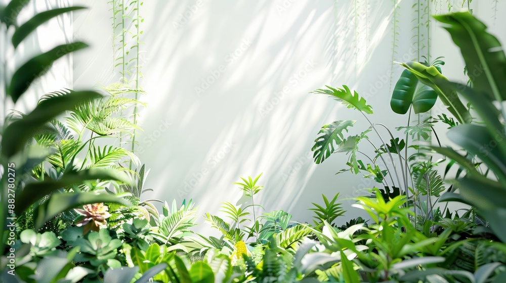 In a creative concept blending technology and nature a white background illuminates a garden filled with vibrant green plants where the energy of Earths light is harnessed through innovativ In a creative concept blending technology and nature a white background illuminates a garden filled with vibrant green plants where the energy of Earths light is harnessed through innovativ