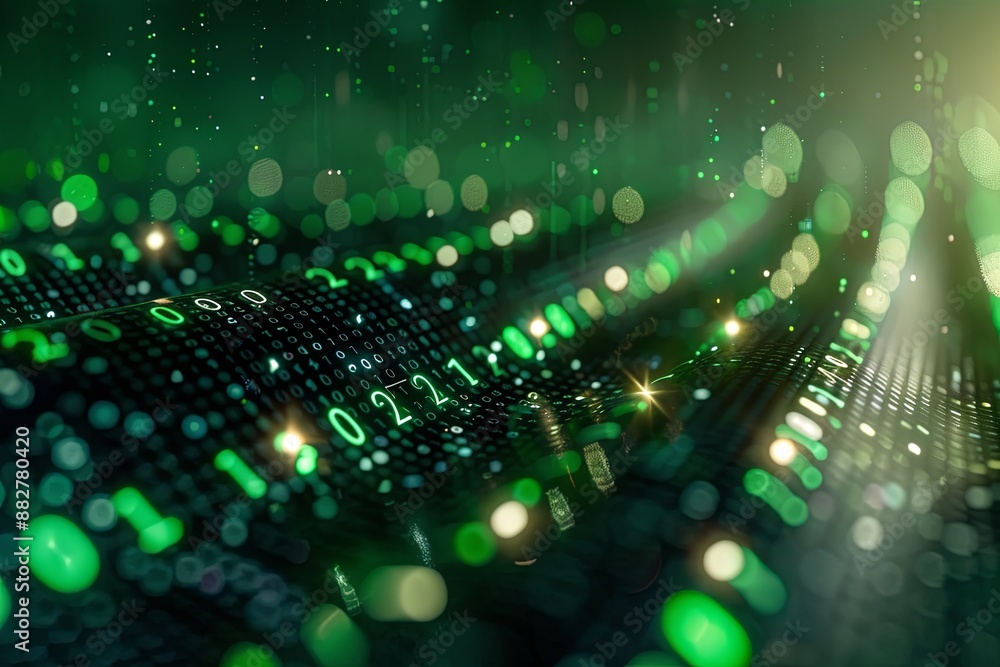 Obraz premium Green dark binary code data streaming background created with Generative AI