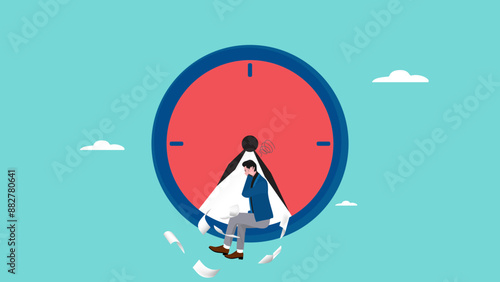 overwork in office deadline, stress businessman because many work deadlines sit on the clock with the red zone squeezing them