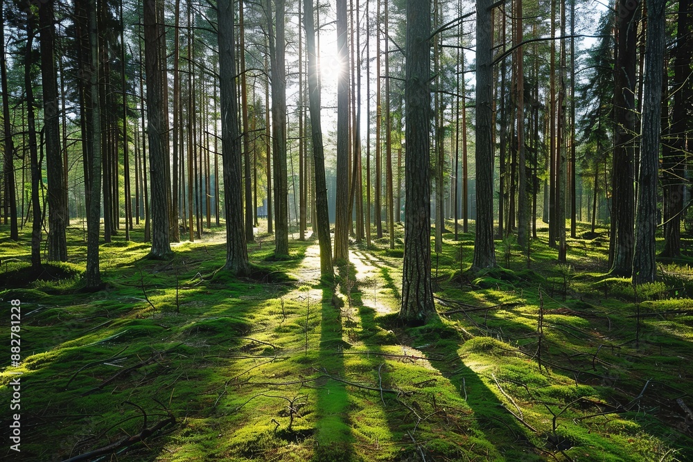 Fototapeta premium Dense Pine Forest in Sweden with Tall Trees and Moss-Covered Ground, Sunlight Casting Long Shadows on Open Clearing, Eye-Level Shot with Wide-Angle Lens