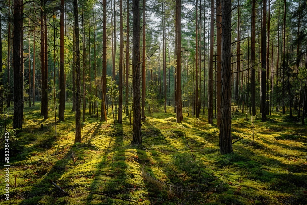 Dense Pine Forest in Sweden with Tall Trees and Moss-Covered Ground, Sunlight Casting Long Shadows on Open Clearing, Eye-Level Shot with Wide-Angle Lens Dense Pine Forest in Sweden with Tall Trees and Moss-Covered Ground, Sunlight Casting Long Shadows on Open Clearing, Eye-Level Shot with Wide-Angle Lens