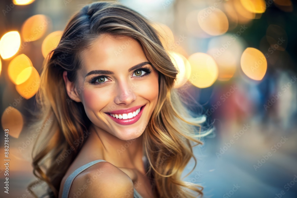 Radiant European woman with flawless skin and bright smile posing for a stunning portrait, exuding confidence and beauty against a blurred background. Radiant European woman with flawless skin and bright smile posing for a stunning portrait, exuding confidence and beauty against a blurred background.