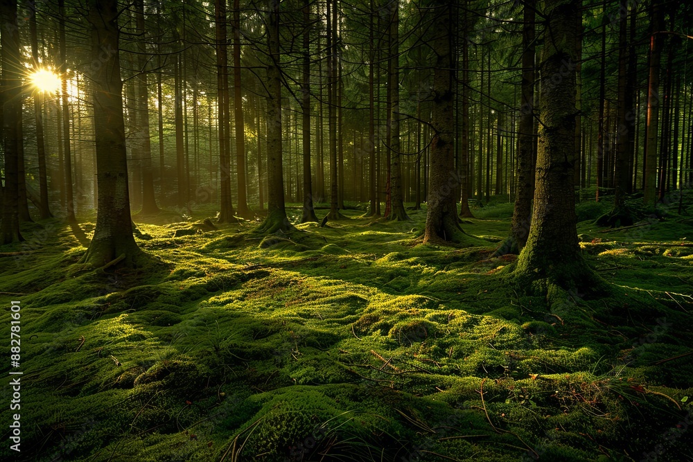 Fototapeta premium Dense Pine Forest in Sweden with Tall Trees and Moss-Covered Ground, Sunlight Casting Long Shadows on Open Clearing, Eye-Level Shot with Wide-Angle Lens