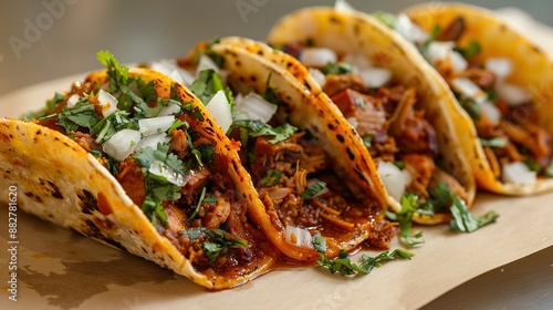 Traditional Mexican tacos with pork filling, served on corn tortillas with diced onions and cilantro. photo