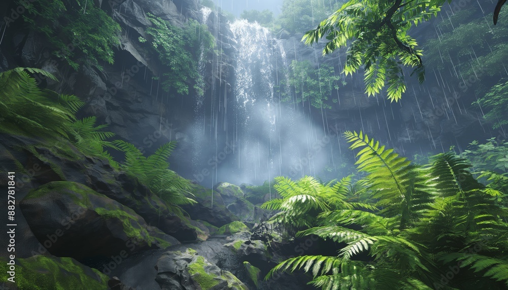 Wallpaper of a waterfall cascading down moss covered rocks Wallpaper of a waterfall cascading down moss covered rocks