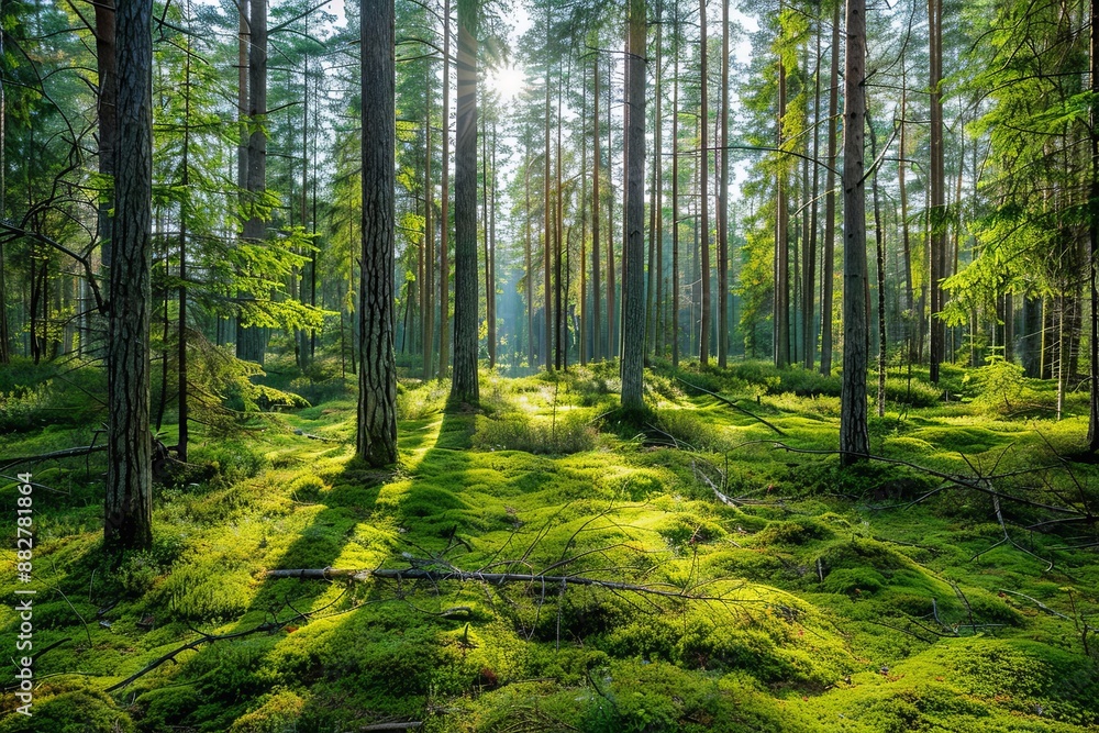 Obraz premium Dense Pine Forest in Sweden with Tall Trees and Moss-Covered Ground, Sunlight Casting Long Shadows on Open Clearing, Eye-Level Shot with Wide-Angle Lens