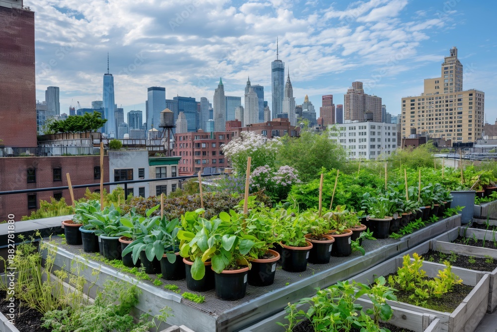 landscape Rooftop garden in the city with plants growing in recycled containers landscape Rooftop garden in the city with plants growing in recycled containers