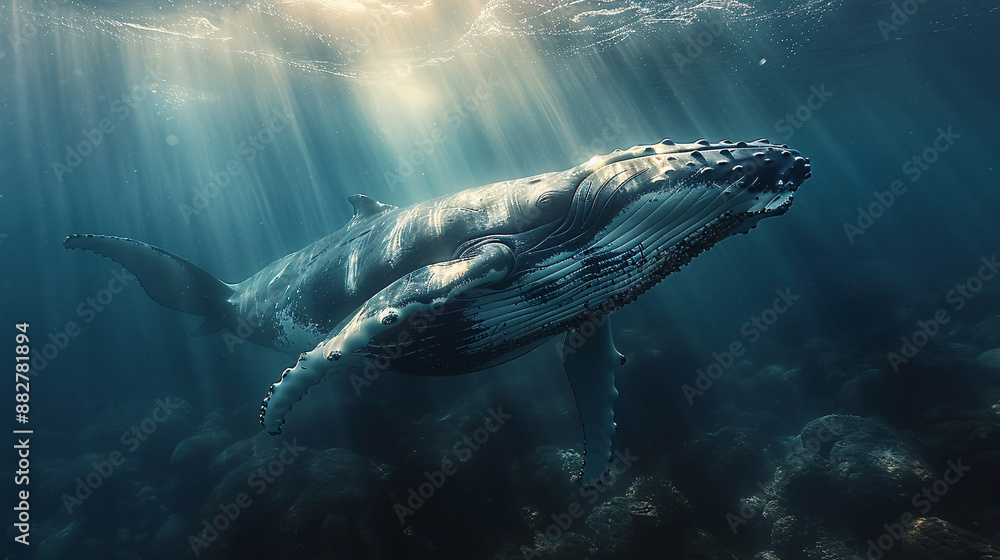 Fototapeta premium A majestic humpback whale glides under water, illuminated by sunrays penetrating the deep blue sea, showcasing nature's serene beauty