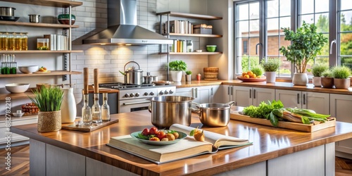 Elegant kitchen setup with gourmet ingredients, cookbooks, and utensils scattered around a sleek island, showcasing the art of cooking and culinary creativity.