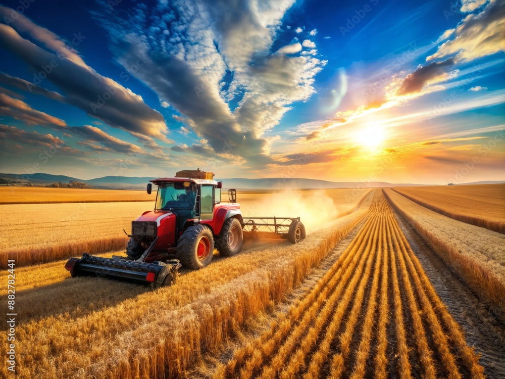 A large tractor navigates across a vast, sun-kissed field, operating a massive harvesting machine to gather golden crops beneath a clear, expansive blue sky. A large tractor navigates across a vast, sun-kissed field, operating a massive harvesting machine to gather golden crops beneath a clear, expansive blue sky.