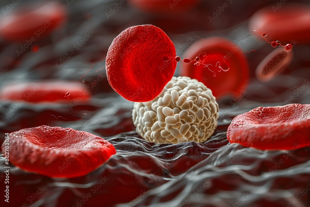 Microscopic View of Red Blood Cells and a White Blood Cell in the ...
