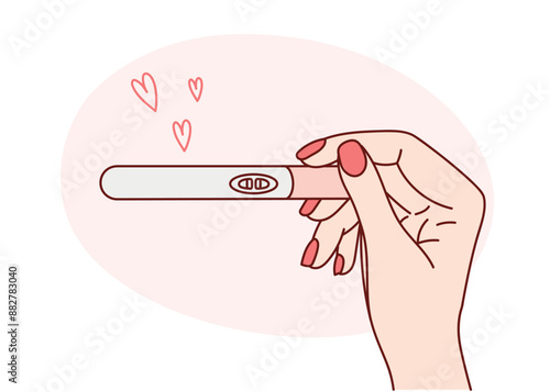 A girl's hand holds a pregnancy test with two stripes. Vector linear illustration. Positive result.