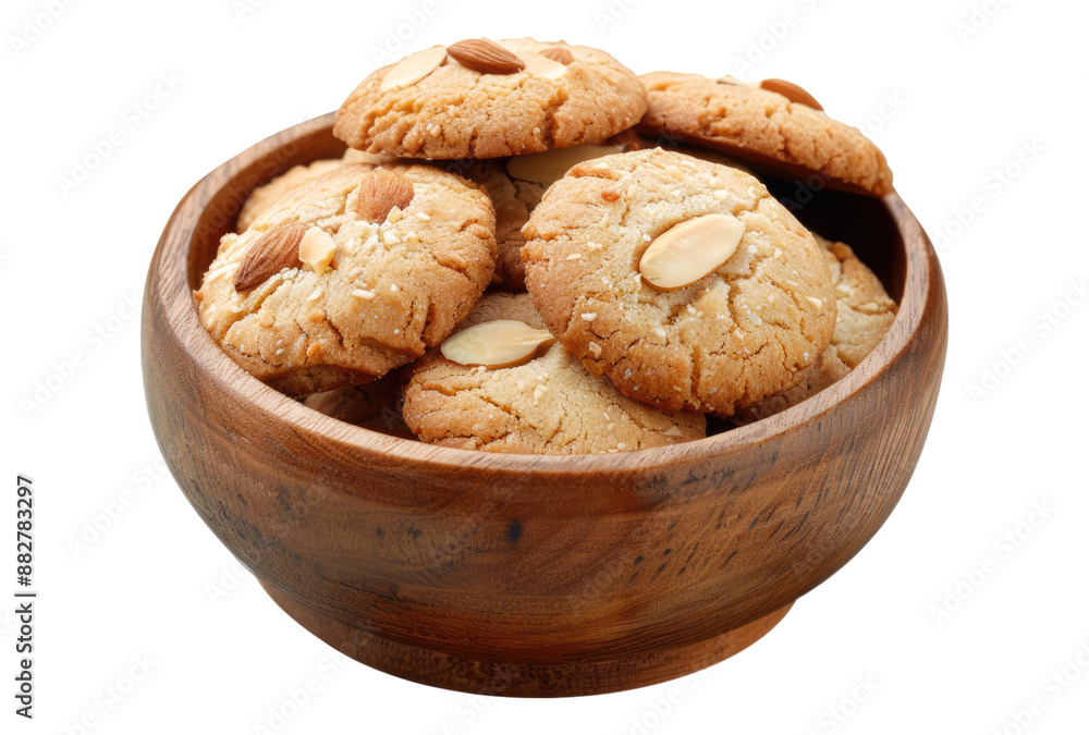 Photo of almond cookies in a wooden bowl isolated on transparent background Photo of almond cookies in a wooden bowl isolated on transparent background