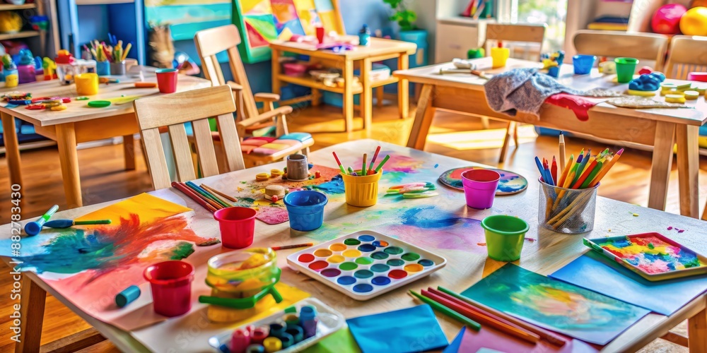Fototapeta premium Colorful art supplies scattered on a messy table, paint-stained paper, and tiny chairs, capturing the creativity and joy of a preschool art class.
