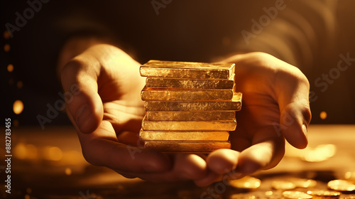 Colse up Hand holding gold bar isolated on black background, gold bar in the hand of a man against the background. 4k photo