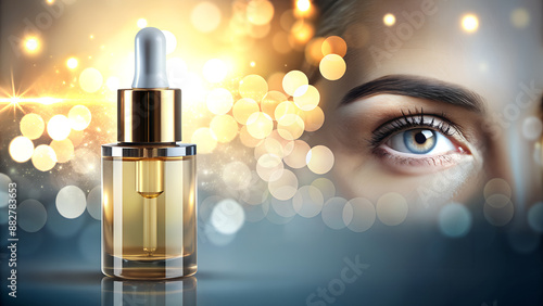 Closeup of a womans eye and a dropper bottle of eye serum with a gold lid against a backdrop of glowing sparkles photo