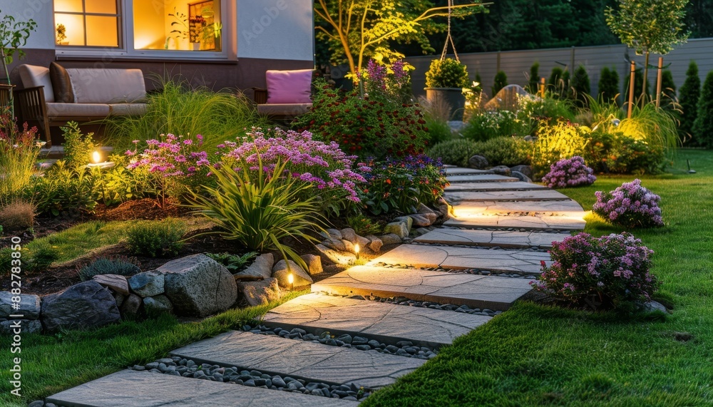 Naklejka premium Illuminated Backyard Garden Stone Walkway with Elegant Ground Lighting, Lush Bushes and Trees.