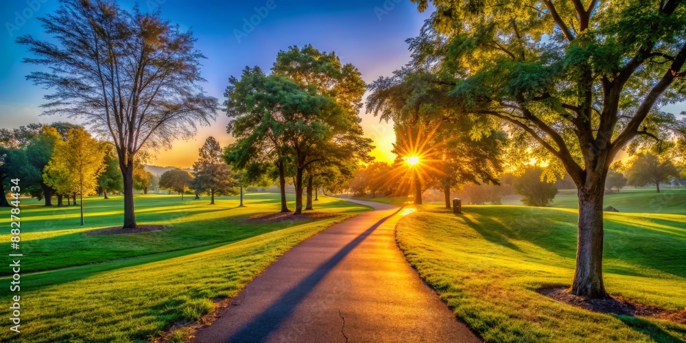 Fototapeta premium Vibrant morning sunrise casts a warm glow on a serene park scene, empty trail beckons for a morning jog, conveying a sense of health and wellness.