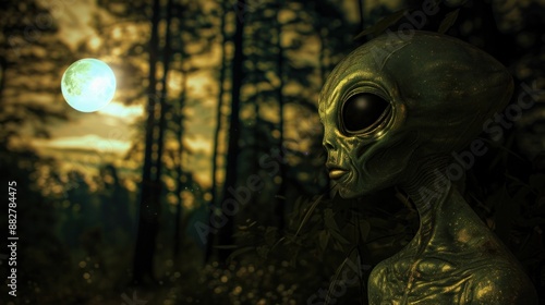 Extraterrestrial beings in the night forest landscape. Extraterrestrial beings. photo