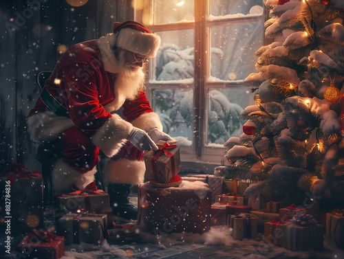 Santa Claus puts presents under the Christmas tree the night before christmas. Childhood miracle, holiday, vacations