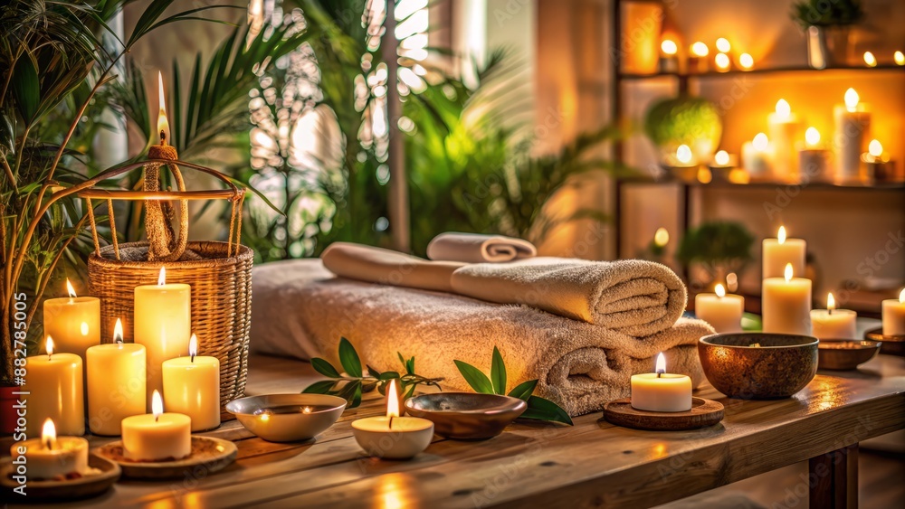 Fototapeta premium Soothing atmosphere of an ayurvedic spa salon, serene ambient lighting, with candles and essential oils, evoking relaxation and rejuvenation, emphasizing self-care and beauty rituals.